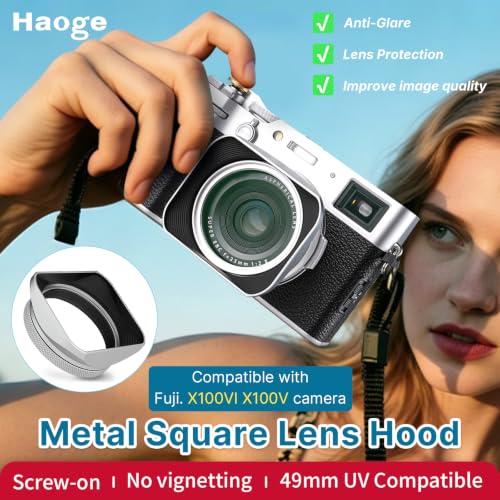 Haoge LH-X200S Square Metal Lens Hood with 49mm Adapter Ring Metal Cap for Fujifilm X100VI x-100vi x100v x100f x100t x100s Fuji Photo Camera Accessories Silver