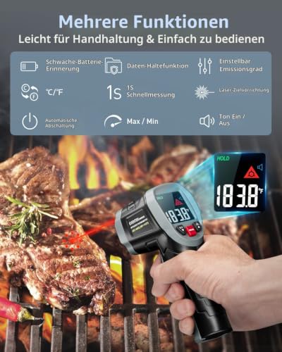 Eventek [3 in 1] Infrared Thermometer, -50°C ~ 600°C Temperature Meter with 304 Meat Thermometer & Bag, Laser Thermometer IR Non-Contact Digital Pyrometer Gift for Kitchen Barbecue Industry