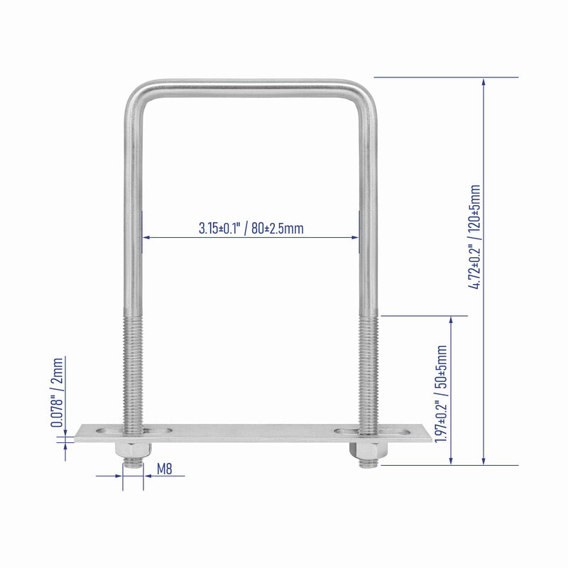 [Australia - AusPower] - 304 Stainless Steel Square U-Bolts 3.15"(80mm) Inner Width, 4.72"(120mm) Length Stainless M8 with Nuts, Frame Plate, Accessories for Automobiles Trailer, Boat Trailer Industrial Parts 80×120mm (W*L) 