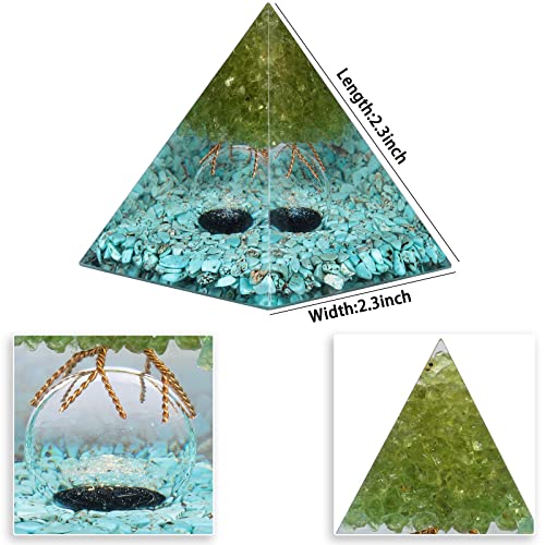 Nupuyai Tree of Life Orgone Crystal Pyramid for Meditation Spiritual Healing, Energy Generator Stone Pyramid with Crystal Sphere for Home Office Decor, Olivine and Blue Howlite Turquoise