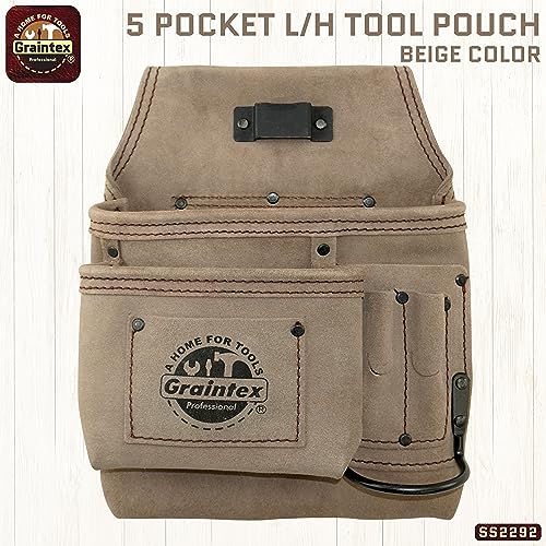 Graintex 5 Pocket Nail & Tool Pouch Suede Leather for Constructors, Electricians, Plumbers, Handymen Beige Left Handed
