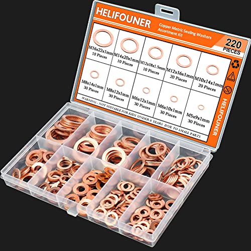 HELIFOUNER copper metric sealing flat washers assortment kit, 10 sizes including M5 to M16, 220 pieces