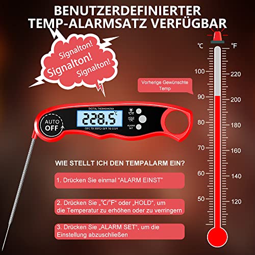 CIRYCASE Meat Thermometer Digital Instant Read Roasting Thermometer | External long probe with 102 cm stainless steel cable, pointer thermometer, oven thermometer for kitchen, BBQ, oven, baking Red