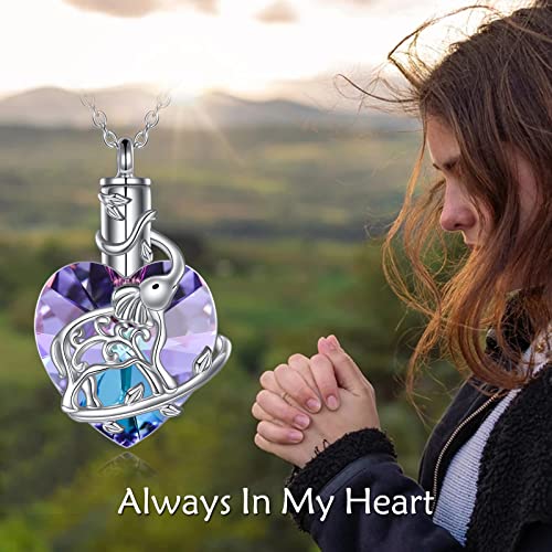 YFN Elephant Heart Crystal Urn Necklace for Ashes Cremation Jewelry Sterling Silver with Crystal Jewelry Gifts for Women Purple Pink