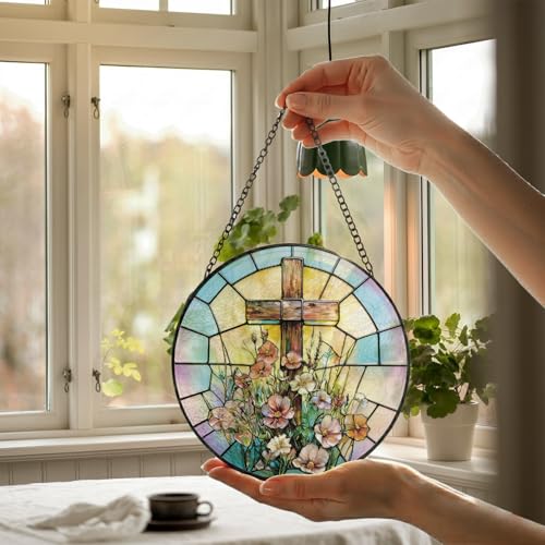 Christian Cross Flowers Stained Glass Window Hanging Decor, 6.3 inch 005-a-cross