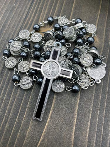Nazareth Store Catholic Saint Benedict Hematite Stone Rosary Necklace for Men & Women with Crucifix and St. Benedict Medal