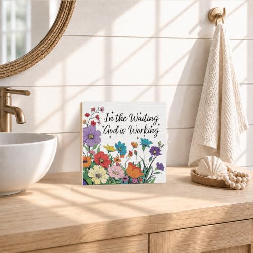 In the Waiting God Is Working Wooden Box Sign, Floral Plaque White 2