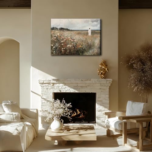 KYHDCJUB Jesus Canvas Wall Art Christian Wildflowers Painting Jesus Leaves the 99 Sheep Wall Art Christian Prints Wall Decor Religious Pictures Artwork for Living Room Bedroom Office Church 12x16 In Jesus Wildflowers 16"L x 12"W