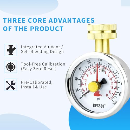 BPSSDI 0-200 PSI water pressure gauge with lazy hand, 2.5-inch dial and durable 304 stainless steel case