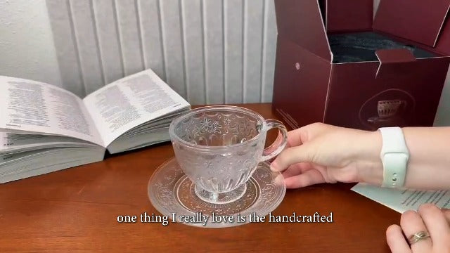 Vintage Glass Tea Cup and Saucer Set, 12 oz Large Coffee Cup Classic Frosted White Round