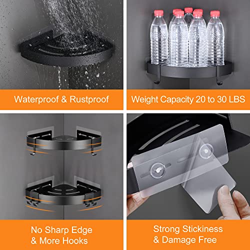 DUFU Adhesive Corner Shower Caddy with Hooks, Black, 2 Pack