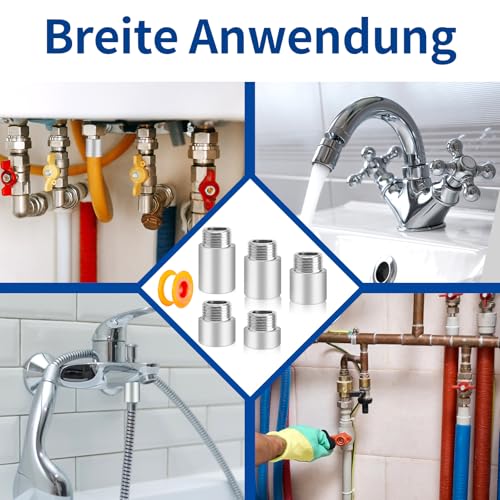 5 Piece Tap Extension 1/2 Inch Stainless Steel Extension Fitting 10/15/20/25/30 mm Tap Extension Water Connection Extension Thread Fitting for Taps Corner Valves Shower Heads