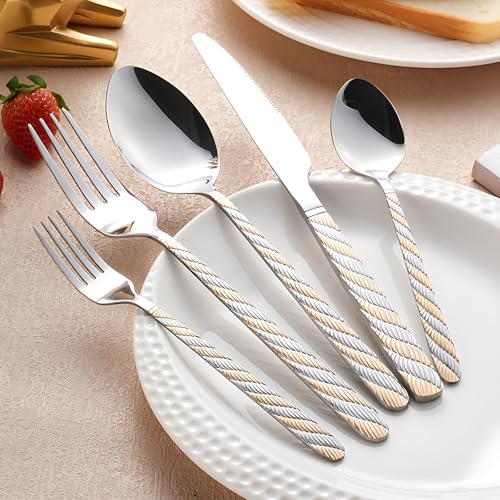 Silverware Set, 20 Piece Flatware Set for 4, Stainless Steel Cutlery Set, Mirror Polished, Modern Kitchen Eating Utensils Set Include Spoons Forks Knives for Home, Restaurant, Party (GoldSilver) GoldSilver
