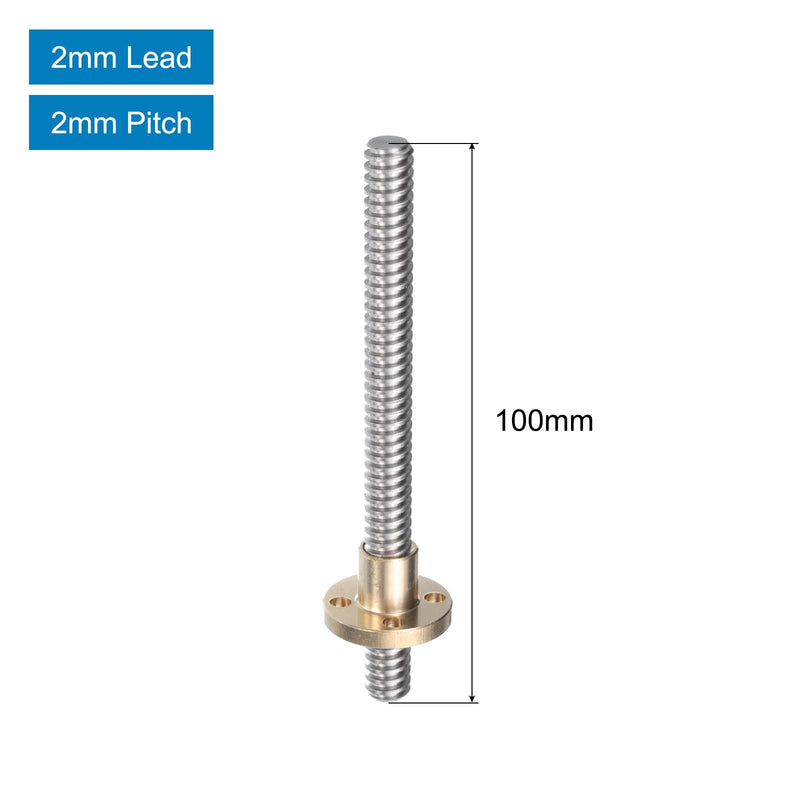 [Australia - AusPower] - uxcell 2 Pcs 100mm / 4 Inch Tr8x2 Stainless Steel Lead Screw with T8 Brass Nut - [ Acme Thread, 2mm Pitch, 8mm Lead ] for 3D Printer Z Axis, CNC Machine 
