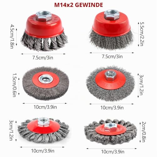 6 Piece Angle Grinder Wire Brush Set, M14 Steel Brush Cordless Screwdriver, 75/100 mm Wire Brush Flex, Cup Brush Drill, for Garden, Weeds and Moss 75 mm oder 100 mm