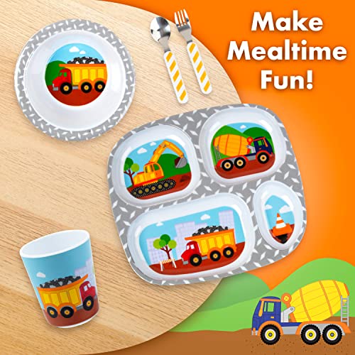 Bentology 5-Piece Construction Theme Mealtime Set - Includes Plate, Bowl, Utensils, and Glass - Dishwasher Safe, BPA Free, Cute Compartment Dish for Easy Self-Feeding