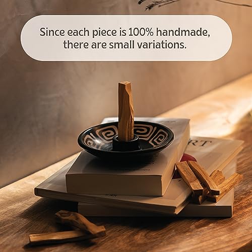 Palo Santo Holder with 5 Sticks - Luna Sundara Handmade Ceramic Incense Burner - Black & White Maze Chulucanas Pottery from Peru - Smudge Bowl for Sage - Aromatherapy Gift Set Black and White Maze