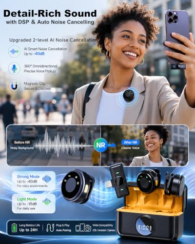 Dual Wireless Lavalier Microphone with Charging Case for iPhone Android