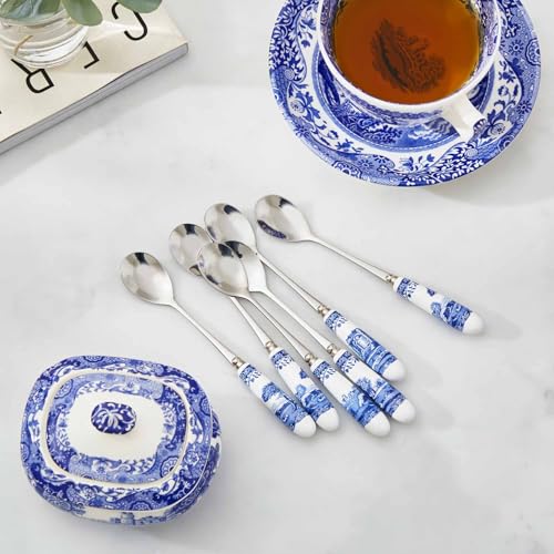 Spode Blue Italian Collection Teaspoons | Set of 6 | Made of Stainless Steel with Porcelain Handles | 6 Inch Dessert Spoons | Blue/White | Hand Wash Only 15cm