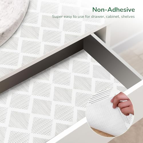 Gray shelf drawer liners for kitchen cabinets by Insigoo, non-adhesive, 17.5 inches wide and 20 feet long.