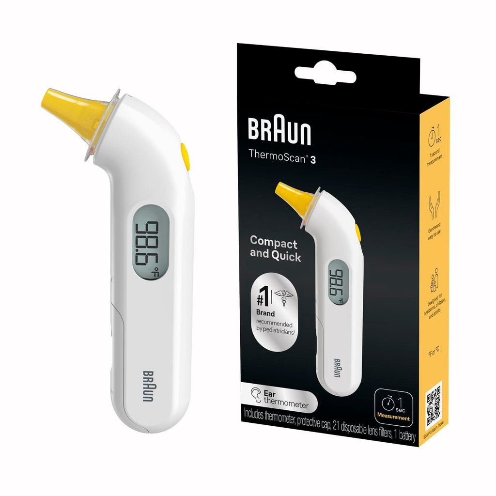 Braun ThermoScan 3 Ear Thermometer, Fast 1 second measurement, Audio Fever Indicator, Digital Display, Baby and Infant Friendly, No. 1 Brand Recommended by Pediatricians, IRT3030 White 1 Count (Pack of 1)