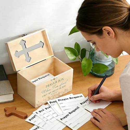 Prayer Box with Slot,200 Catholic Prayer Request Cards-Pen and Cross Jewelry Gifts,Used for Daily in Church Worship and Religious Devotions,Christian First Communion Gifts. (200) 200