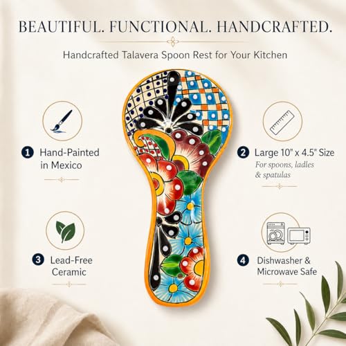 Multicolor Mexican Talavera ceramic spoon rest with traditional patterns, designed by Casa Fiesta Designs.