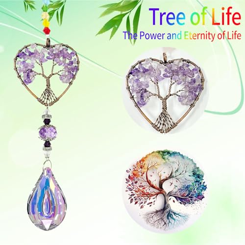 Amethyst Sun Catchers for Windows, Tree of Life Natural Chakra Healing Crystal Stone Spiritual Gifts for Adult Women, Novelty Natural Quartz Gemstone Pendant Rainbow Maker Suncatcher for Ladies Girls Amethyst