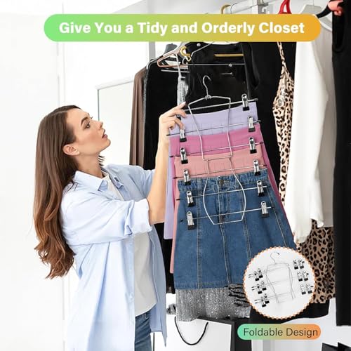 Pants Hangers,Space Saving 3 Pack Metal 6 Tier with Clips Holds 18 Skirts/Pants/Jeans/Shorts, w/360°Rotating Hook, Skirt Hangers Space Saving Closet Organizers and Storage (3)