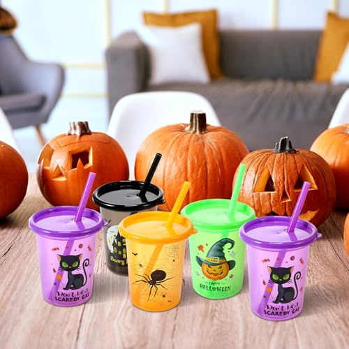 Nuanchu 24 Pcs Halloween Cups for Kids Plastic Tumbler with Lids and Straws 10 Oz Reusable Toddler Cups for Happy Halloween Party Gift Supplies (Vivid) Vivid