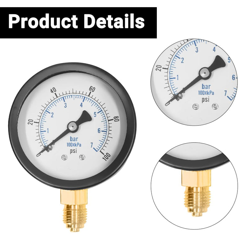 [Australia - AusPower] - Editbar Pressure Gauge 62 mm 0-7 Bar 0~100 Psi, Well Pump Pressure Gauge, Black Dial, 1/4 Inch BSP Nipple Copper Adapter with 1/2 Inch BSP and 3/8 Inch BSP Brass Socket Adapter and Teflon Strap 