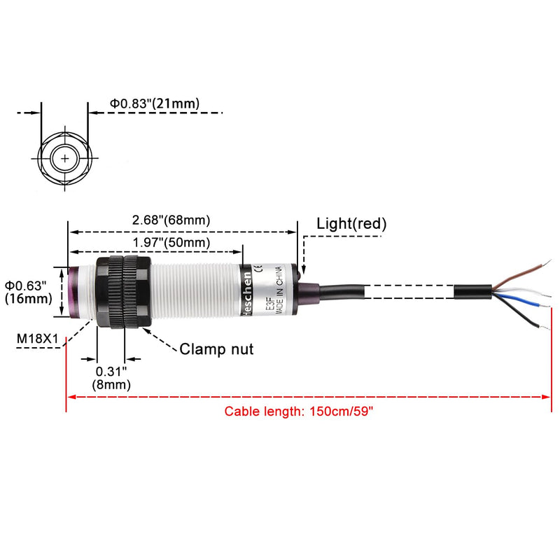 [Australia - AusPower] - Heschen M18 Column Infrared Photoelectric Proximity Switch, Diffuse Reflection Type, E3F-DS200C3, Detection Distance 10-200CM, 10-30VDC 200mA, NPN NO+NC, 4 Wire 