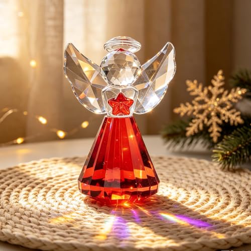SYOWADA Deep Red Crystal Angel Figurine, K9 Glass Guardian Angel Statue, Healing Crystal Decor for Women Wife Mom, Birthday Valentine's Anniversary Home