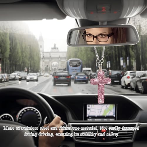 Bling Car Hanging Ornament, Crystal Rhinestone Cross Pendant Rearview Mirror Hanging Accessories, Sparkling Religious Charm Vehicle Interior Decoration for Women Men (Pink) Pink