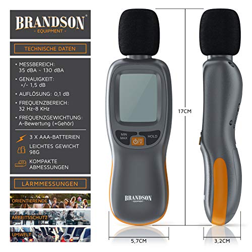 Brandson - Sound level meter calibrated - Digital volume meter - 35dB to 130dB with LCD display with backlight - Noise meter - MAX/MIN data storage