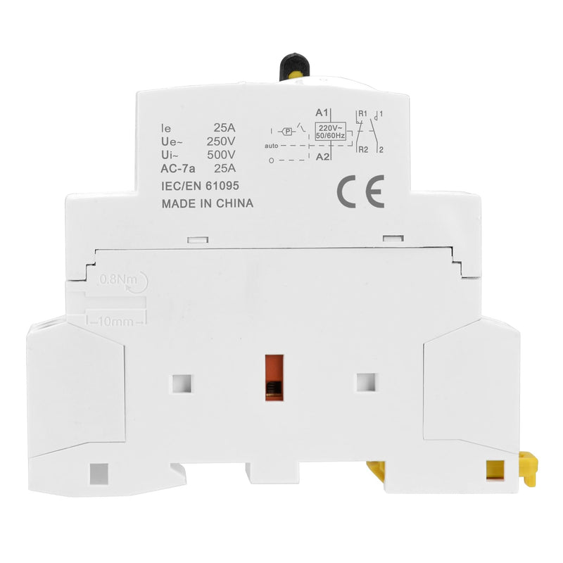 Heschen Modular Household AC Contactor, HS1-25M/11, 25A, 2 Poles, 1NO 1NC, 220VAC Coils, 35mm DIN Rail Mounting, with Manual Control Switch