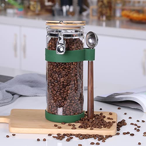 KKC Vacuum Sealed Coffee Bean Storage Container with Scoop,Airtight Glass Container Jar with Hinged Lid and Spoon for Ground Coffee,Loose Leaf Tea,Brown Sugar,Nut,Oatmeal,54 Fl oz 54 Floz + Scoop +Silicon sleeve