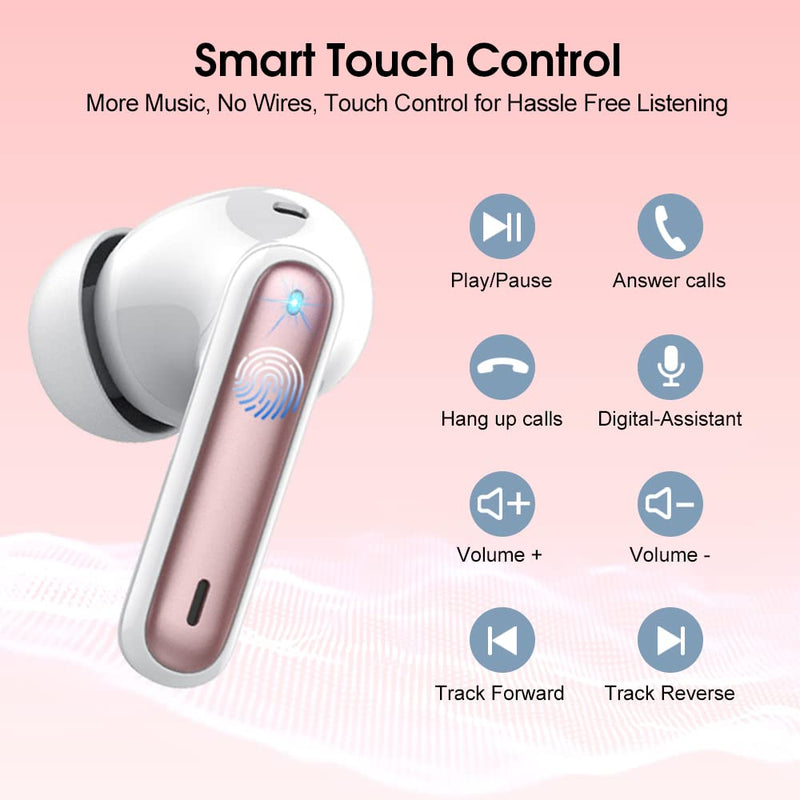[Australia - AusPower] - Wireless Earbuds, 2024 Bluetooth Headphones 5.3 HiFi Stereo Earphones, 40H Playtime in-Ear Earbud, Bluetooth Earbud with Dual Mic Call, IP7 Waterproof Earphones Sport Headset for iOS Rose 