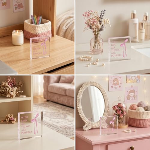 Pink Inspirational Decor Pray Over 4x4 Inch Matthew 19:26 Bible Verse Decor, Religious Inspirational Tabletop Ornament For Home Office Desk Accessories Gift For Women Believers Pink-1926
