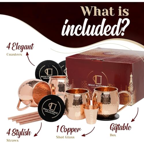 Advanced Mixology Pure Copper Moscow Mule Mugs Set of 4, 19 oz Hand-Hammered Copper Cocktail Mugs with Reusable Straws, Jigger & Coasters, Ideal for Home Bars, Restaurants & Events.