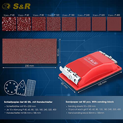S&R 80-Piece Sandpaper Set with Hand Sander | Sanding Paper and Sanding Sheets for Metal, Wood, Plastic and Drywall – Grit P40-P400 for Coarse and Fine Sanding