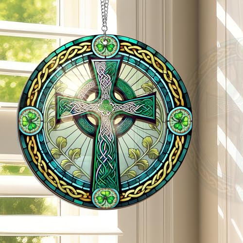 FLAGWIX Irish Gifts for Women, Celtic Cross Suncatcher Ornament 8 in Green - Celtic Cross
