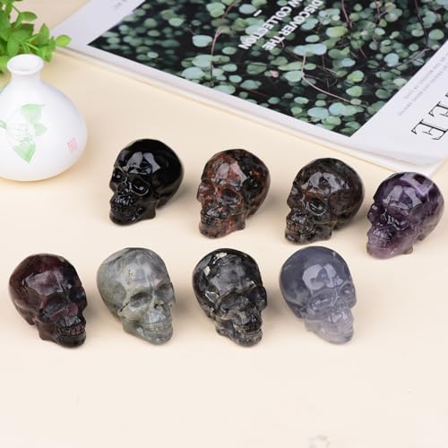 2 Inch Fluorite Crystal Skulls Decor,Human Skull Sculpture Statues Healing Crystal Decor,Halloween Skull Figurines,Home Office Decoration Christmas Meditation Gifts for Men Women