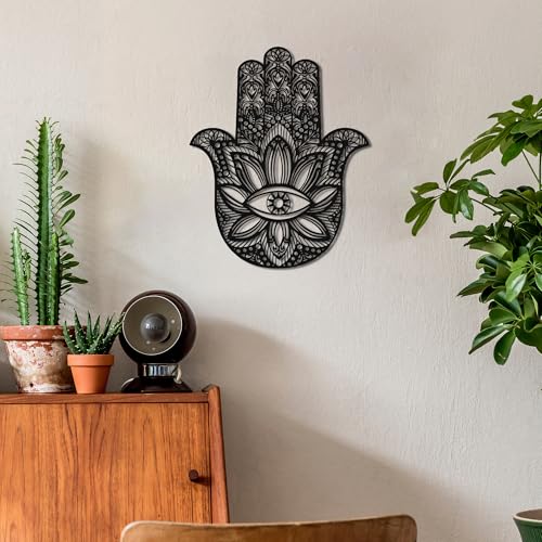 Slickss Hamsa Hand Metal Wall Art, Sacred Geometry Spiritual Boho Decor B - Black