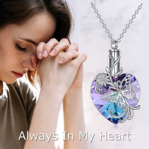 YFN Elephant Heart Crystal Urn Necklace for Ashes Cremation Jewelry Sterling Silver with Crystal Jewelry Gifts for Women Butterfly