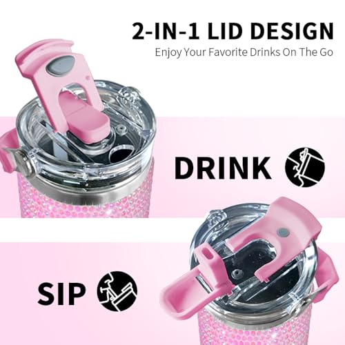 Bling Rhinestone Studded Tumbler with Top Handle, Bling Cups Stainless Steel Water Bottle Diamond Glitter Tumbler for Women - Birthday Gifts for Women, Mom,Get Well Soon Gifts (Pink) Pink
