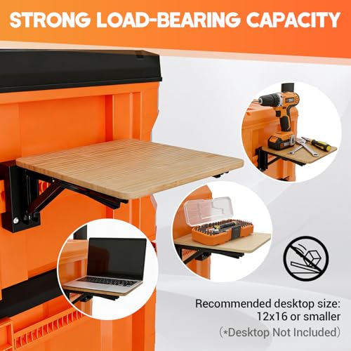 Tordale folding work table bracket mount for Klein MODbox with rail mount, tool holder shown from the side