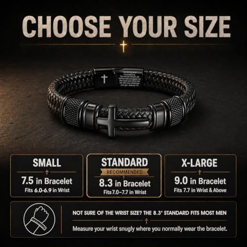 Mens Christian Bracelet, Cross Bracelet for Men, Gifts for Husband Dad Boyfriend Son, Engraved Bible Verse Jewelry, Stainless Steel Cross, Black Braided Leather Bracelets A - Black - Joshua 1:9 Standard - 8.3"
