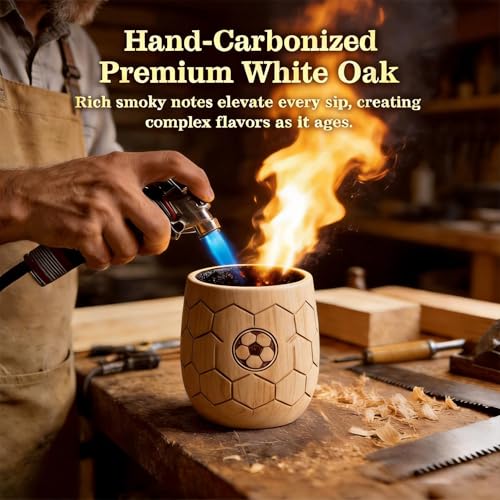 Upgraded Charred Whiskey Glasses Sets, Bourbon Drinking Glass, Bourbon Gifts for Men, Finished Wooden Old Fashioned Glass, Great Whiskey Gifts for Men, Dad, Or Brother (2 Pack) Soccer 2 Pack Charred