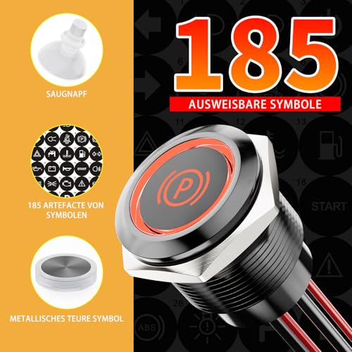 2 x 22 mm LED Switch Metal Push Button, Pre-Wired 20 A 12-24 V DC IP67 Light Button with 185 Interchangeable Symbols 1NO1NC for Car, Boat, Satellite Circuit (Red LED) | Metall Vorverdrahtet Ip67 druckschalter Mit 185 Austauschbaren Symbolen 1no1nc Für ...